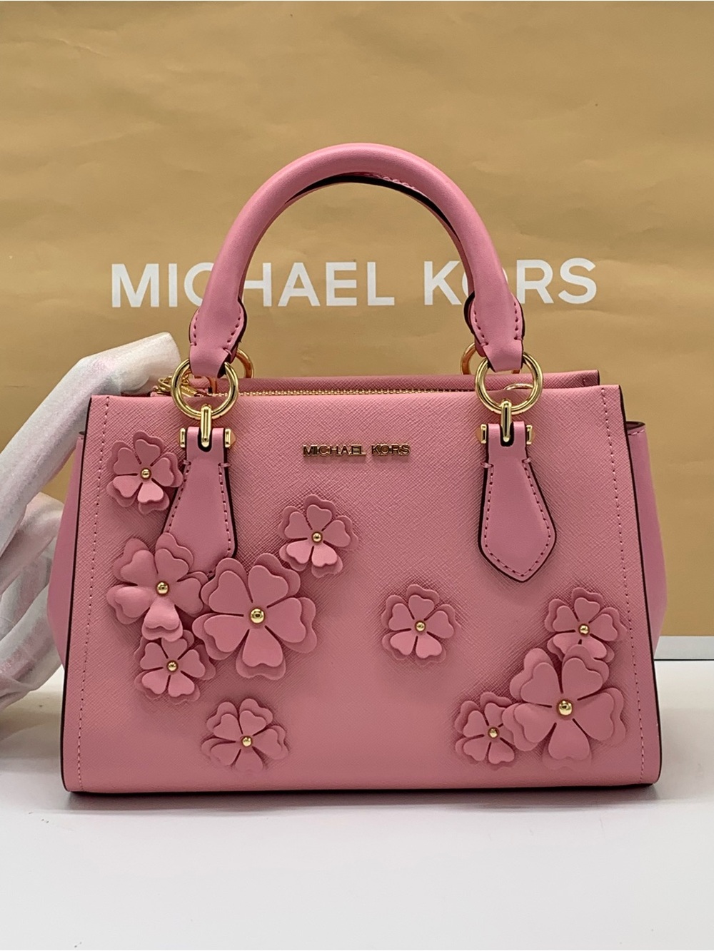 NWT Michael Kors Marilyn Small Floral Embellished Satchel Carnation color - Picture 3 of 13